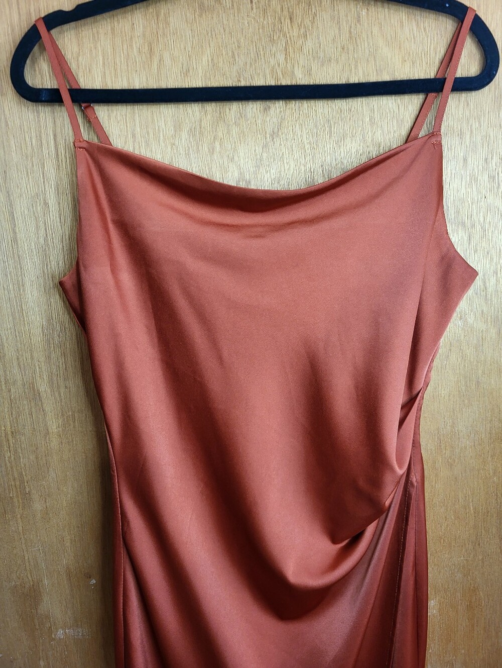 Lulu's Hollywood Woman Rust Orange Satin Cowl Neck Strappy Maxi Dress. Medium - Picture 8 of 16